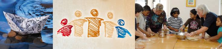 Papierschiffchen mit Aufschrift "Help" (=Hilfe) im Wasser, Zeichnung "Flüchtling unterstützt von Helfern und diese unterstützt vonDiakonie und Caritas", Helferinnen backen gemeinsam mit Flüchtlingskindern