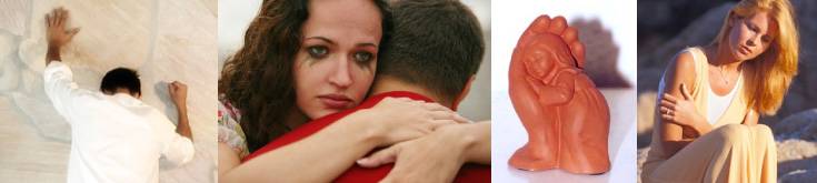 verzweifelter Mann, trauerndes Paar, Plastik "geborgen in Gottes Hand", traurige Frau