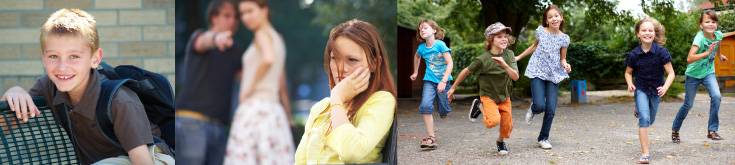 Schüler, Mitschüler zeigen auf eine von der Gruppe ausgeschlossenen Schülerin, Schüler toben auf Pausenhof